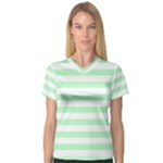 Horizontal Stripes - White and Mint Green Women s V-Neck Sport Mesh Tee