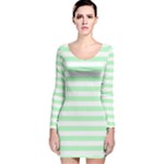 Horizontal Stripes - White and Mint Green Long Sleeve Velvet Bodycon Dress