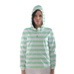 Horizontal Stripes - White and Mint Green Hooded Wind Breaker (Women)