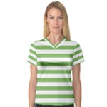 Horizontal Stripes - White and Dollar Bill Green Women s V-Neck Sport Mesh Tee