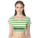 Horizontal Stripes - White and Dollar Bill Green Short Sleeve Crop Top (Tight Fit)