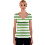 Horizontal Stripes - White and Dollar Bill Green Women s V-Neck Cap Sleeve Top