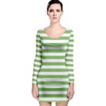 Horizontal Stripes - White and Dollar Bill Green Long Sleeve Bodycon Dress