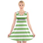 Horizontal Stripes - White and Dollar Bill Green V-Neck Sleeveless Dress