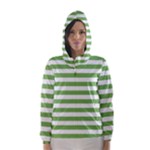 Horizontal Stripes - White and Dollar Bill Green Hooded Wind Breaker (Women)