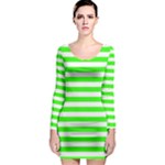 Horizontal Stripes - White and Neon Green Long Sleeve Bodycon Dress