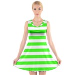 Horizontal Stripes - White and Neon Green V-Neck Sleeveless Dress