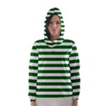 Horizontal Stripes - White and Dark Green Hooded Wind Breaker (Women)