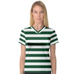 Horizontal Stripes - White and Forest Green Women s V-Neck Sport Mesh Tee