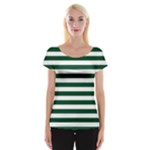 Horizontal Stripes - White and Forest Green Women s Cap Sleeve Top