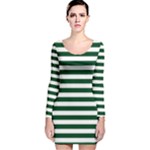 Horizontal Stripes - White and Forest Green Long Sleeve Velvet Bodycon Dress