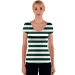 Horizontal Stripes - White and Deep Green Women s V-Neck Cap Sleeve Top