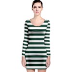 Horizontal Stripes - White and Deep Green Long Sleeve Bodycon Dress