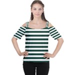 Horizontal Stripes - White and Deep Green Women s Cutout Shoulder Tee