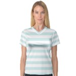 Horizontal Stripes - White and Light Cyan Women s V-Neck Sport Mesh Tee