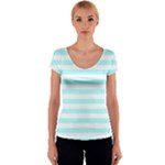 Horizontal Stripes - White and Celeste Cyan Women s V-Neck Cap Sleeve Top