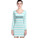 Horizontal Stripes - White and Celeste Cyan Long Sleeve Velvet Bodycon Dress