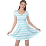 Horizontal Stripes - White and Celeste Cyan Cap Sleeve Dress