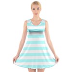 Horizontal Stripes - White and Celeste Cyan V-Neck Sleeveless Dress