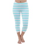 Horizontal Stripes - White and Celeste Cyan Capri Winter Leggings