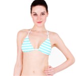 Horizontal Stripes - White and Celeste Cyan Bikini Top