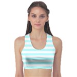 Horizontal Stripes - White and Celeste Cyan Women s Sports Bra