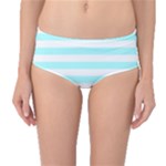 Horizontal Stripes - White and Celeste Cyan Mid-Waist Bikini Bottoms