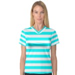 Horizontal Stripes - White and Aqua Cyan Women s V-Neck Sport Mesh Tee