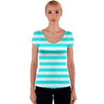 Horizontal Stripes - White and Aqua Cyan Women s V-Neck Cap Sleeve Top