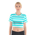 Horizontal Stripes - White and Aqua Cyan Cotton Crop Top