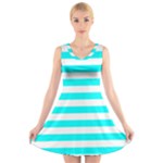 Horizontal Stripes - White and Aqua Cyan V-Neck Sleeveless Dress