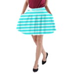 Horizontal Stripes - White and Aqua Cyan A-Line Pocket Skirt