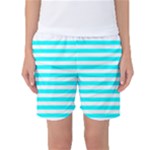 Horizontal Stripes - White and Aqua Cyan Women s Basketball Shorts