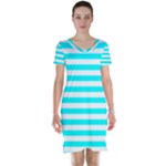 Horizontal Stripes - White and Aqua Cyan Short Sleeve Nightdress