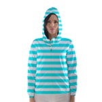 Horizontal Stripes - White and Aqua Cyan Hooded Wind Breaker (Women)