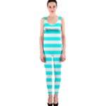 Horizontal Stripes - White and Aqua Cyan OnePiece Catsuit