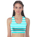 Horizontal Stripes - White and Aqua Cyan Women s Sports Bra