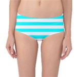 Horizontal Stripes - White and Aqua Cyan Mid-Waist Bikini Bottoms