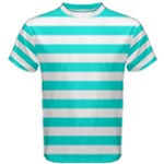 Horizontal Stripes - White and Bright Turquoise Men s Cotton Tee