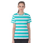 Horizontal Stripes - White and Bright Turquoise Women s Cotton Tee