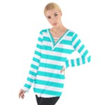 Horizontal Stripes - White and Bright Turquoise Women s Tie Up Tee