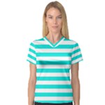 Horizontal Stripes - White and Bright Turquoise Women s V-Neck Sport Mesh Tee