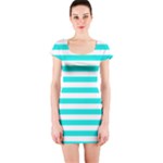 Horizontal Stripes - White and Bright Turquoise Short Sleeve Bodycon Dress