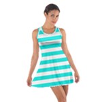 Horizontal Stripes - White and Bright Turquoise Cotton Racerback Dress