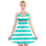 Horizontal Stripes - White and Bright Turquoise V-Neck Sleeveless Dress