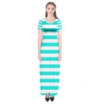 Horizontal Stripes - White and Bright Turquoise Short Sleeve Maxi Dress