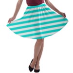 Horizontal Stripes - White and Bright Turquoise A-line Skater Skirt