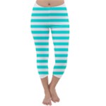 Horizontal Stripes - White and Bright Turquoise Capri Winter Leggings