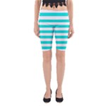 Horizontal Stripes - White and Bright Turquoise Yoga Cropped Leggings