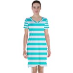 Horizontal Stripes - White and Bright Turquoise Short Sleeve Nightdress